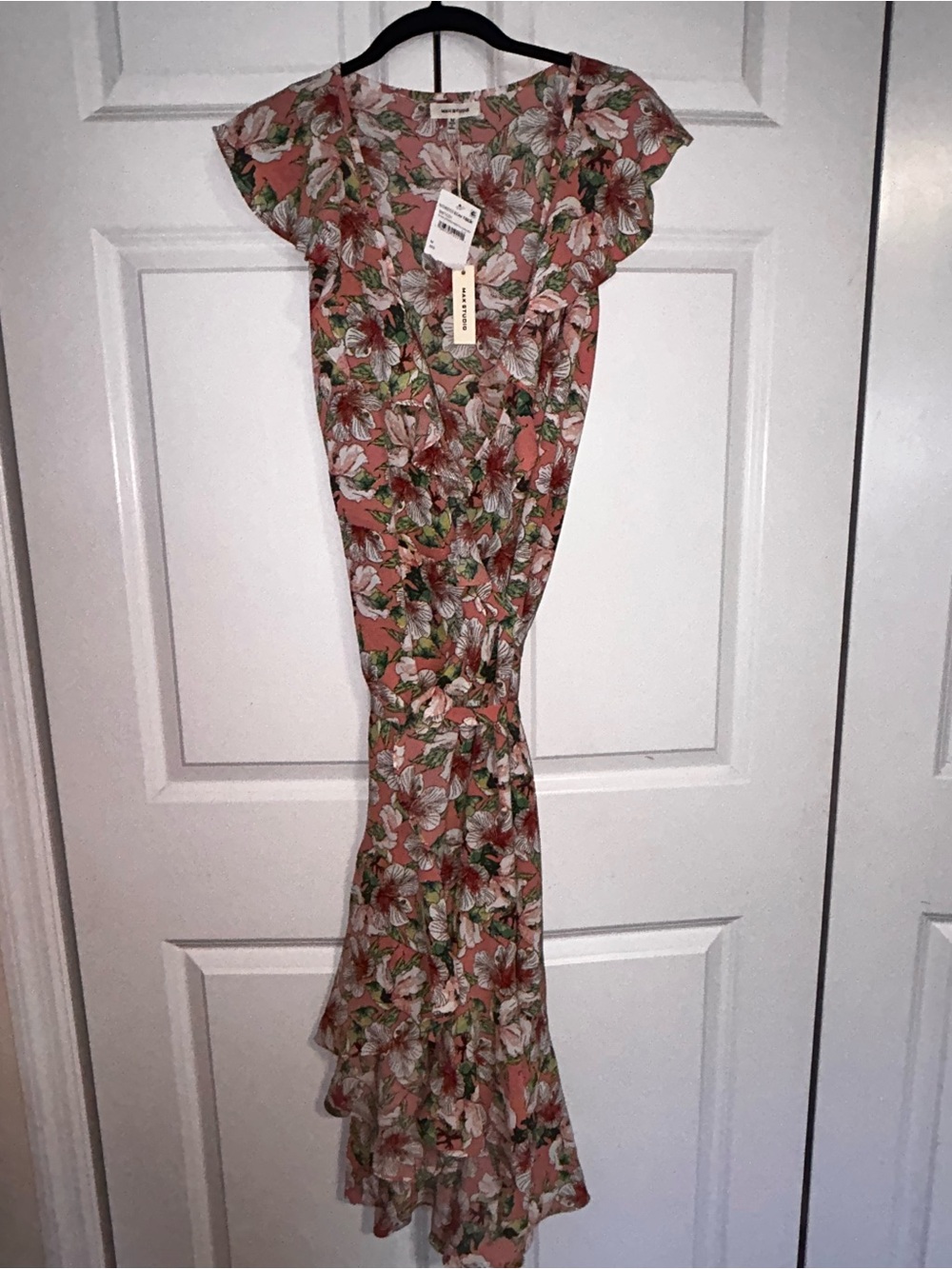 Max Studio Coral Floral Ruffle Wrap Maxi Dress